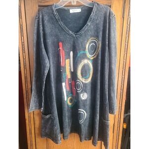 Jess & Jane Tunic Top Mineral‎ Washed Pocket Sm Geometric Art To Wear Lagenlook
